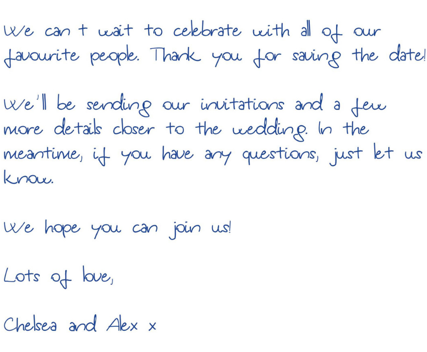 A handwritten note from Chelsea and Alex inviting guests to celebrate with them